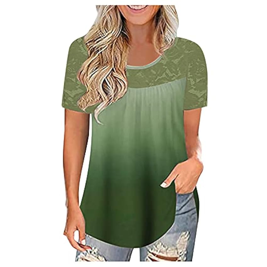 NHNKB T-shirt pour femme avec dégradé de couleurs - En coton - Large - À paillettes - Pour l´été - Pour femme - Manches courtes - Casua - Tunique d´été FpzSfZNx