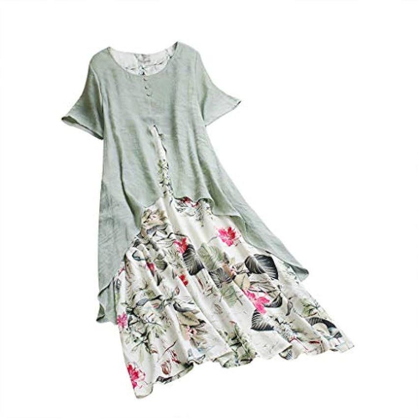 Clode Ladies Summer Dresses O-Neck Vintage Print Sleeve Size Maxi Patchwork Plus Short Dress for Wedding Holiday Travel B-153 EODE92ev