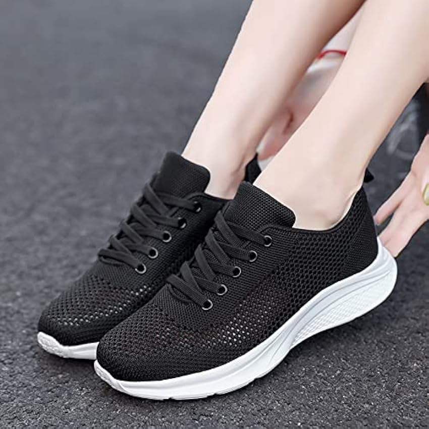 IQYU Chaussures noires pour femme - Talon élégant - Loisirs - Chaussures à lacets avec semelle souple - Chaussures confortables - Chaussures d´extérieur en maille - Chaussures de course à pied - Z82lKWt6
