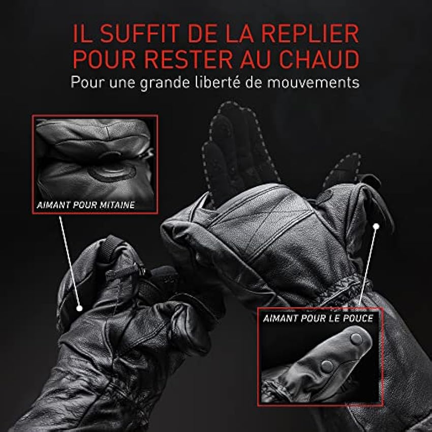 THE HEAT COMPANY Shell Full Leather Moufles - L´innovation des Gants - Gants Cuir dépliables - Gants Hiver Extra Chauds - Gants tactiles - Gants de Ski pour Homme & Femme - sans sous-Gant BzHByMRk