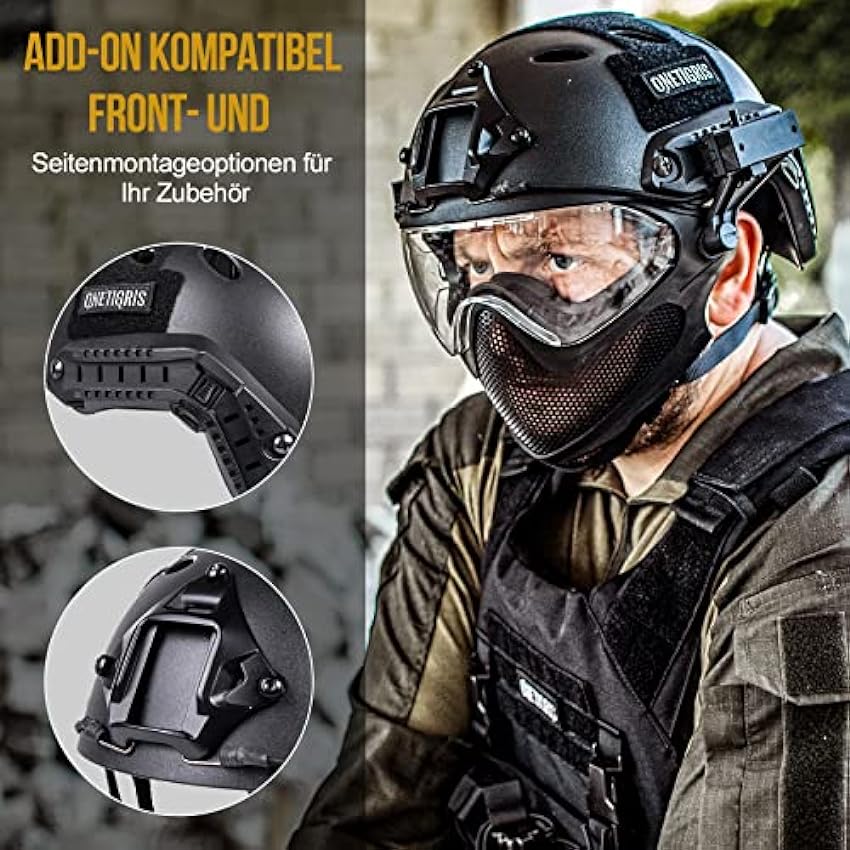 OneTigris Casque tactique avec masque en acier et lunettes de protection All-In-One - Casque rapide intégré pour airsoft - Conforme à la norme EN166 : B - Taille L BfktM6t3
