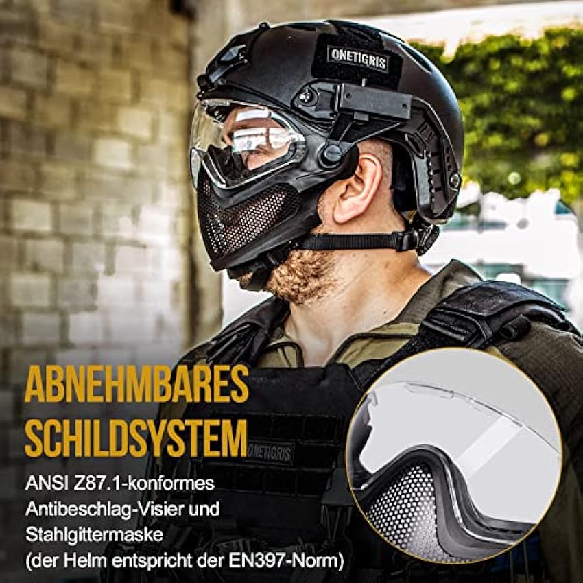 OneTigris Casque tactique avec masque en acier et lunettes de protection All-In-One - Casque rapide intégré pour airsoft - Conforme à la norme EN166 : B - Taille L BfktM6t3